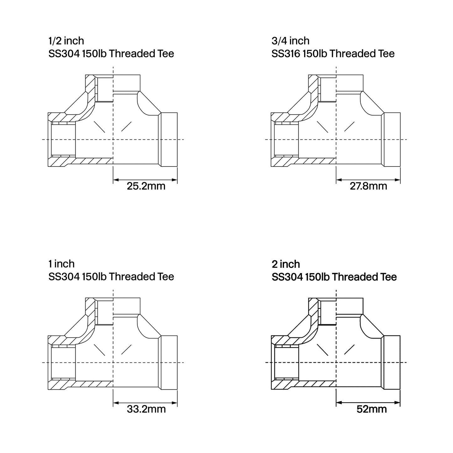 Threaded Tee 150lb Stainless Steel