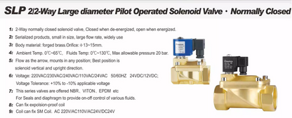 SLP 2/2-Way, Brass, Pilot Operated Solenoid Valve, Normally Closed