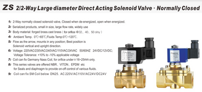 ZS Brass 2/2-Way Large Diameter, Direct Acting Solenoid Valve, Normally Closed